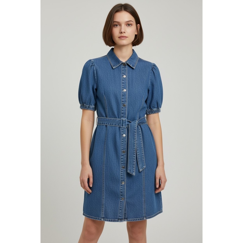 Blue Denim Short Puff Sleeve Snap Front Belted Shirt Dress Large L